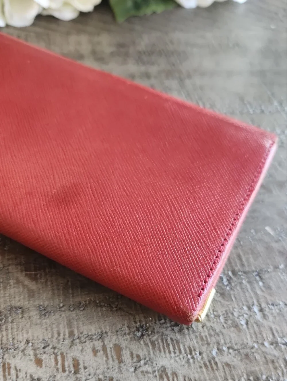 Givenchy Red Textured Leather Long Wallet with Gold Corner Accents